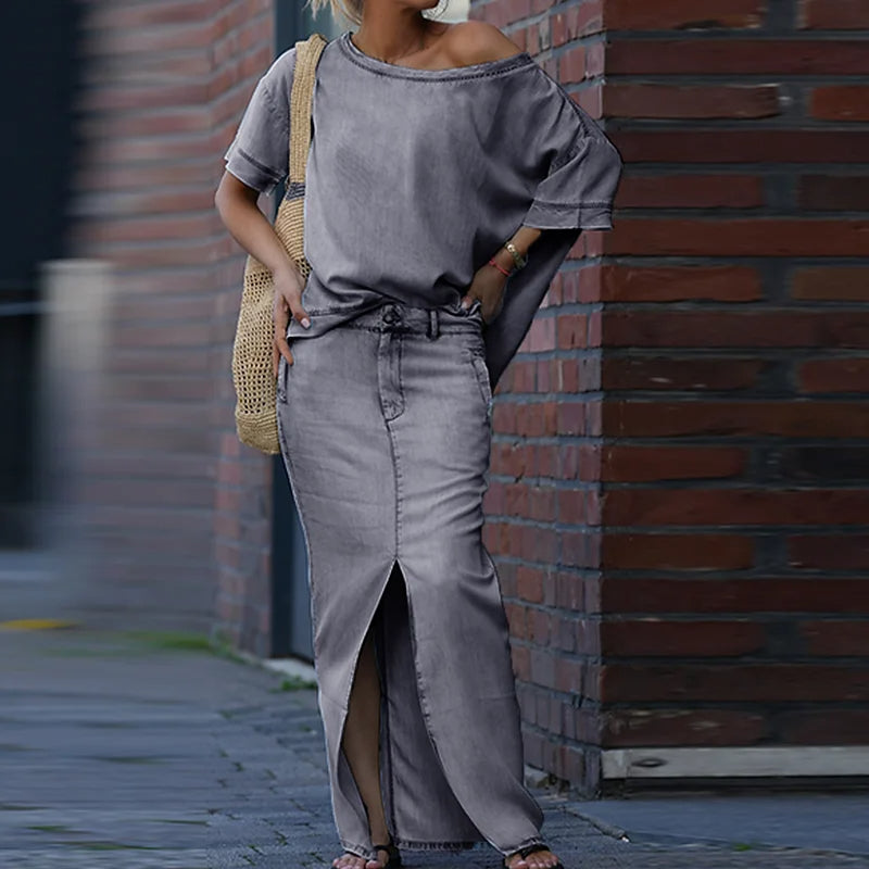 Premium 2-delige dames set – Elegante schoudertop & vloeiende maxi-rok | Perfect voor elke gelegenheid