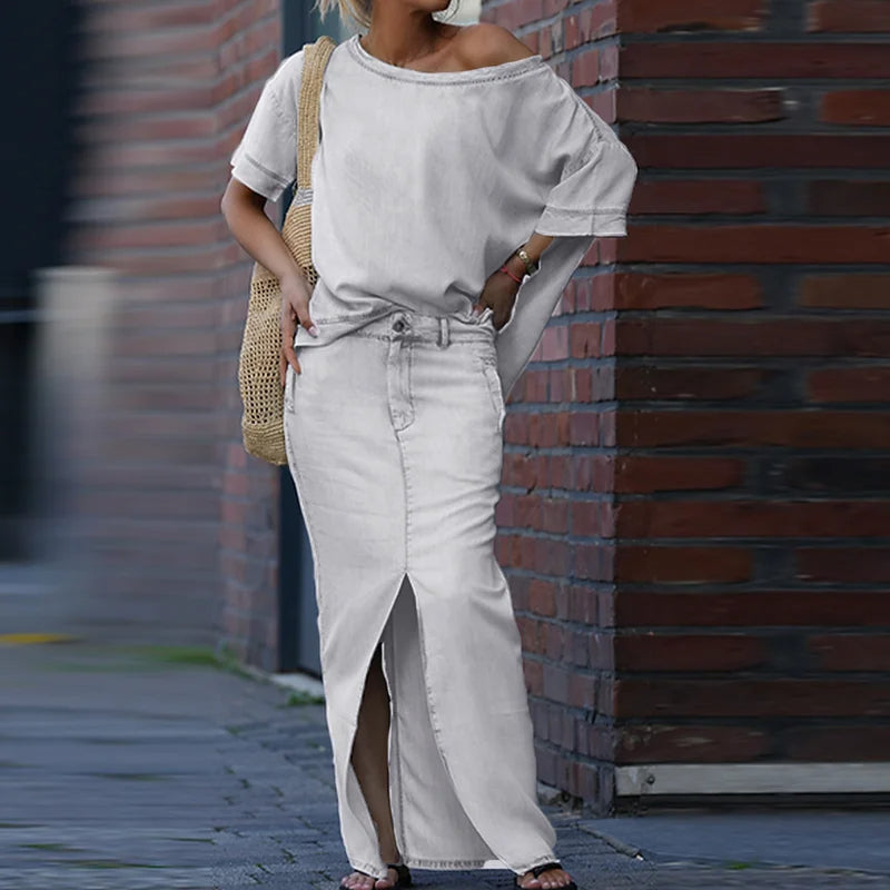 Premium 2-delige dames set – Elegante schoudertop & vloeiende maxi-rok | Perfect voor elke gelegenheid
