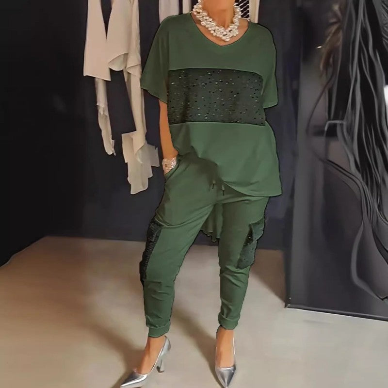 Caroline™ - Twee-Delige Korte Mouw Patchwork T-shirt & Broek Set