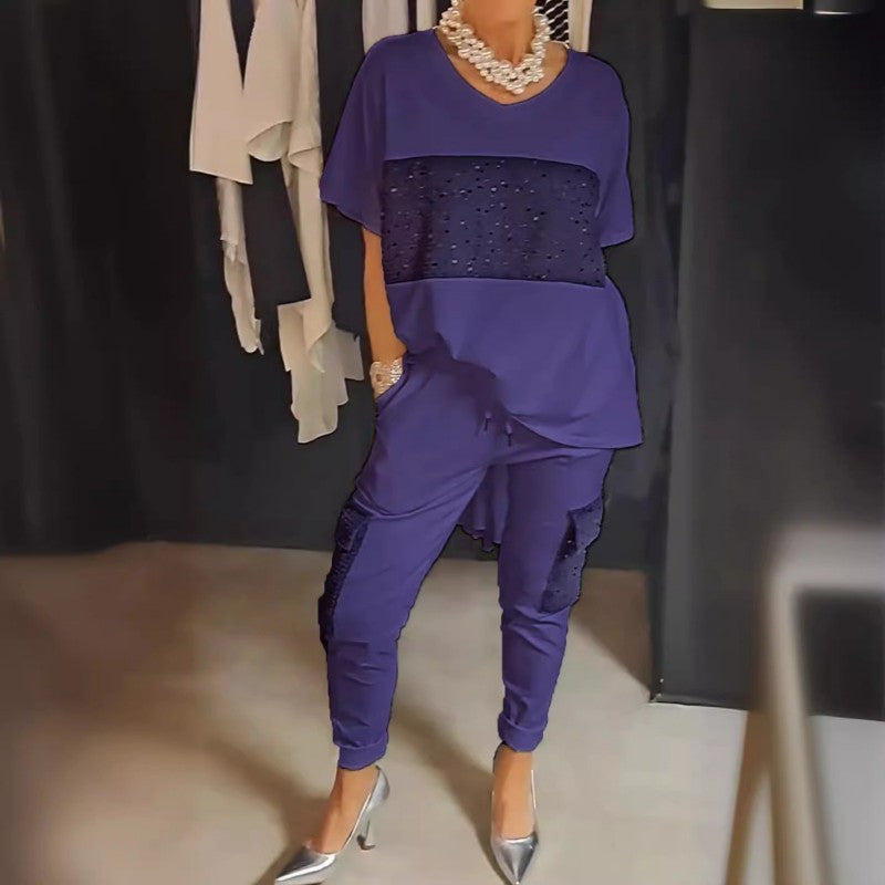 Caroline™ - Twee-Delige Korte Mouw Patchwork T-shirt & Broek Set
