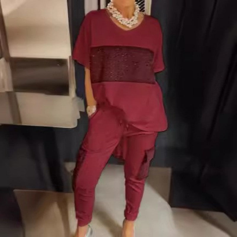 Caroline™ - Twee-Delige Korte Mouw Patchwork T-shirt & Broek Set