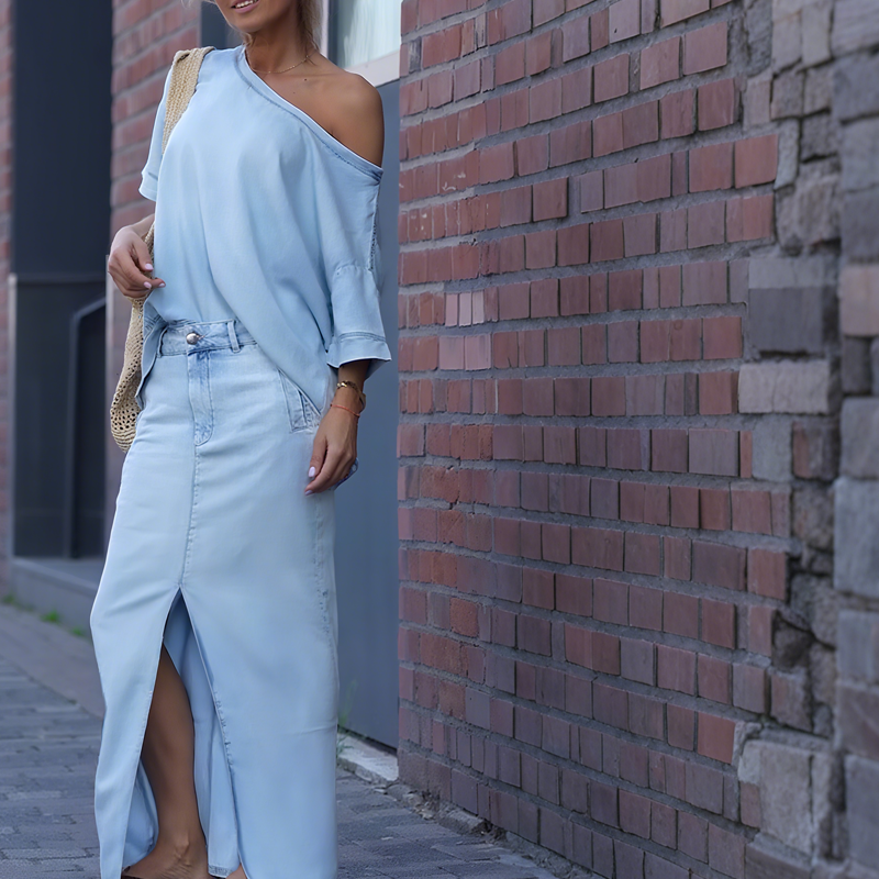 Premium 2-delige dames set – Elegante schoudertop & vloeiende maxi-rok | Perfect voor elke gelegenheid
