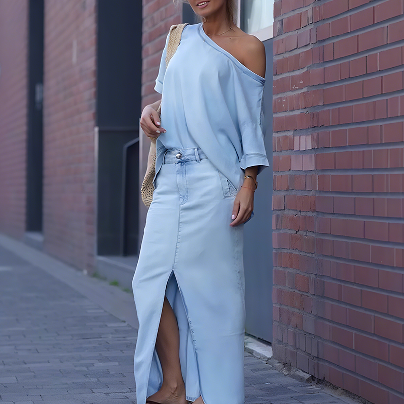 Premium 2-delige dames set – Elegante schoudertop & vloeiende maxi-rok | Perfect voor elke gelegenheid